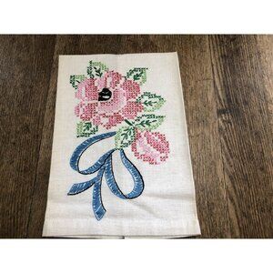 Vintage Kitchen Towel Tea Towel Cross Stitch Red Pink Rose Cottage Core Grandma